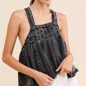 Free People Washed Black Denim Overall-Style Tank